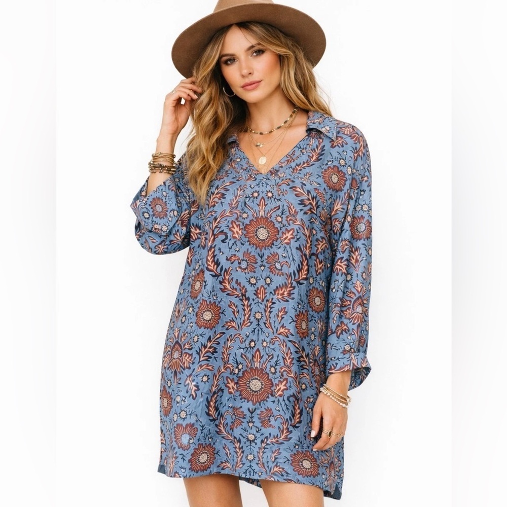 CAbi Blue and Brown Floral Mini Dress